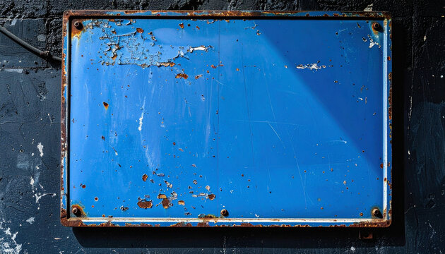 Old empty blue metal sign mounted on dark cement wall, distressed paint and weathered texture