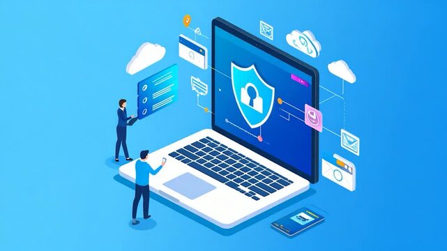 Isometric illustration depicting cybersecurity with laptop, shield, and data transfer