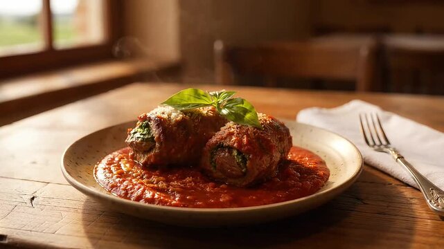 Savory Italian Meat Rolls in Rich Tomato Sauce with Fresh Basil and Parmesan