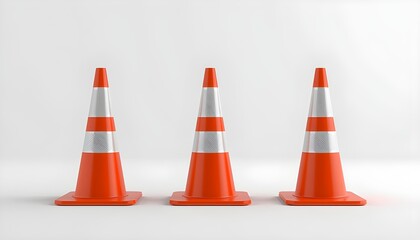 three brightly colored traffic cones with reflective strips and distinctive shapes, standing upright in a row on a clean and smooth isolated background, conveying an under construction concept 