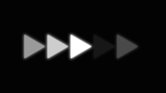 Five play buttons with smooth gradient shading on black background, digital media navigation symbols arranged in sequence, modern interface motion graphic.