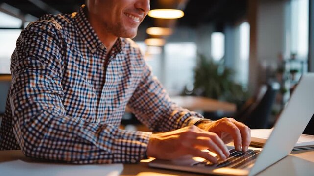 Man Sitting at Desk Working on Laptop Midsection View
