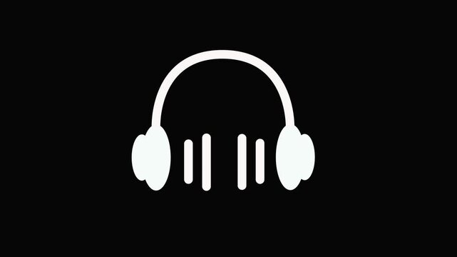 Stylized white headphones icon with sound waves on black background, modern audio listening symbol with minimal digital design, music interface animation.