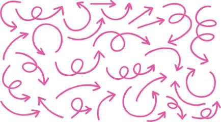 Obraz premium Hand Drawn Pink Scribble Arrows Set. Curved Spiral. Wavy Direction Pointer Doodle Navigation Icons for Presentation Infographic Design Vector