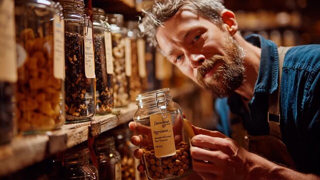 Man Checking Labeled Fermentation Jars in Home Fermenting Station