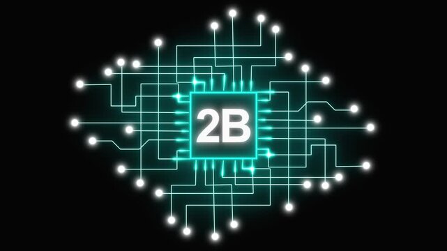 Abstract digital circuit board with glowing turquoise lines and 2b text on black, futuristic coded technology concept with network design, digital system animation.