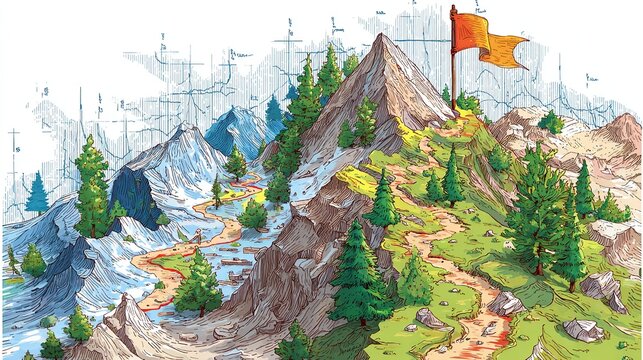 Hiking adventure guide map with summit flag on winding trail