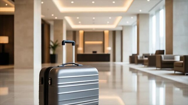 Roller suitcase standing in spacious luxury hotel lobby. Travel luggage waiting in hall for guest check-in. Tourism arrival and business trip accommodation concept.