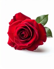 Fototapeta premium Rosa roja fresca en plena floración sobre fondo blanco neutro con iluminación de estudio. Imagen elegante y minimalista que simboliza amor, romance y belleza natural.