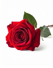 Rosa roja fresca en plena floraci&oacute;n sobre fondo blanco neutro con iluminaci&oacute;n de estudio. Imagen elegante y minimalista que simboliza amor, romance y belleza natural.