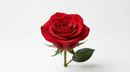 Fototapeta premium Rosa roja fresca en plena floración sobre fondo blanco neutro con iluminación de estudio. Imagen elegante y minimalista que simboliza amor, romance y belleza natural.