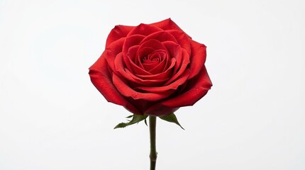 Fototapeta premium Rosa roja fresca en plena floración sobre fondo blanco neutro con iluminación de estudio. Imagen elegante y minimalista que simboliza amor, romance y belleza natural.