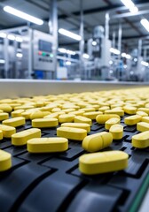 Obraz premium Yellow Pills Move Quickly On Conveyor Belt