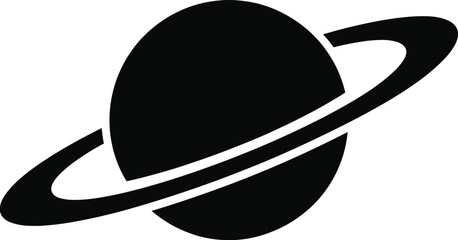 Stylized black silhouette icon of planet Saturn with rings space galaxy © MdMirajul