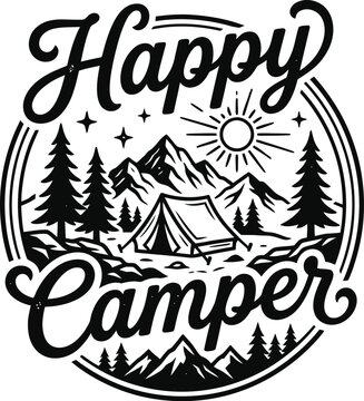 Happy camper in mountain landscape vector illustration with tent and trees flat design