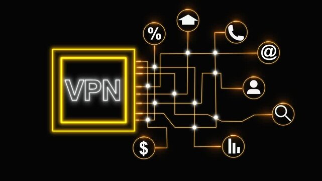 Neon vpn circuit board with communication and financial icons on black background, virtual private network concept with digital interface symbols, futuristic cyber animation.