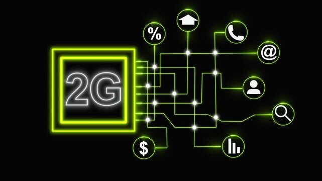 Digital network diagram with 2g text and communication finance icons, mobile technology interface showing connected business information flow, futuristic network animation.