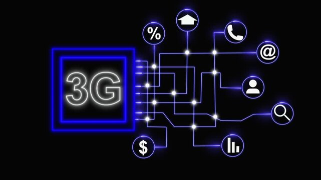3g network connectivity with business and communication icons on black background, mobile communication concept with digital service symbols, futuristic network animation.
