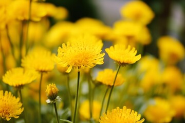 Obraz premium Yellow wild flowers blooming in a lush green field on a sunny day