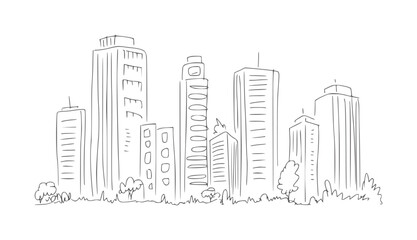 Fototapeta premium Black and white line of a city skyline with buildings and trees