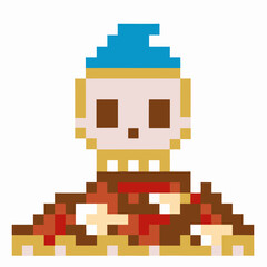 Fototapeta premium Pixel art character wearing blue hat holding pile of colorful pixelated books or items in retro video game