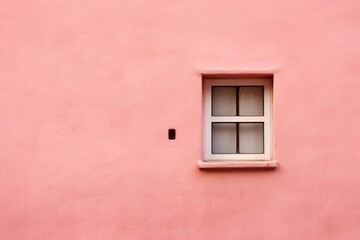 Fototapeta premium Pink stucco facade with a contrasting white window frame and dark opening
