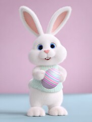 Obraz premium A cartoon bunny stands with a colorful egg in its hands