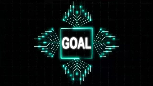 Glowing neon teal lines form square around goal word on dark grid, motivational typography interface with futuristic geometric framing, digital progress animation.