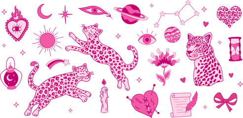 Whimsical pink celestial cheetah magic set. Girly witchy aesthetics. Magical wild cats energy © Vika92