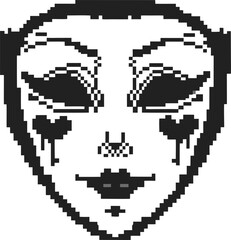pixel art face with heart shaped tears and bold eye makeup, abstract digital mask design