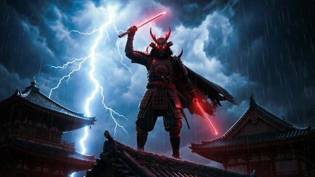 Dark fantasy samurai warrior with glowing red sword standing on a temple roof. Evil ninja character in armor during a stormy night with lightning strikes and rain. 