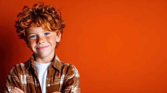 A charming young boy with bright red curly hair and freckles beams with joy against a vivid orange background, radiating happiness and youthful exuberance.