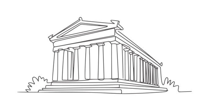Minimalist line of a classical Greek temple with columns and pediment architecture
