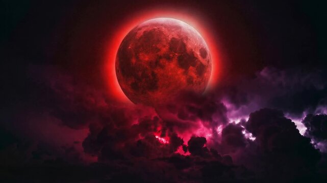 Spooky blood red moon in the dark night sky with lightning flashes. Dramatic lunar eclipse concept with glowing purple clouds and thunder strikes. Cinematic horror background