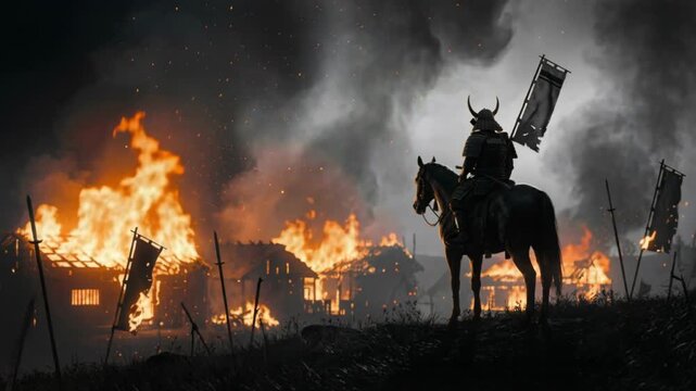 Samurai warrior on a horse looking at a burning village. Historical Japanese soldier observing a destroyed town on fire after battle. Epic war destruction concept and dark smoke