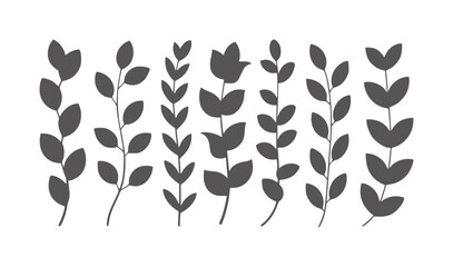 Seven dark gray stylized plant stems with leaves white leaf silhouette © Mahin