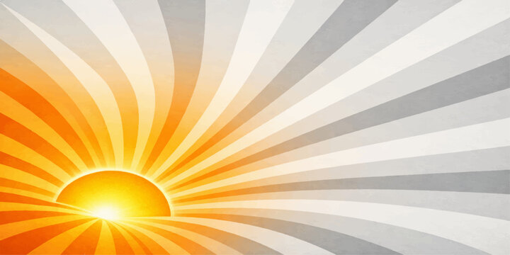 A bright summer sky features a glowing yellow sun with orange rays bursting through a blue nature background in this vibrant sunlight illustration