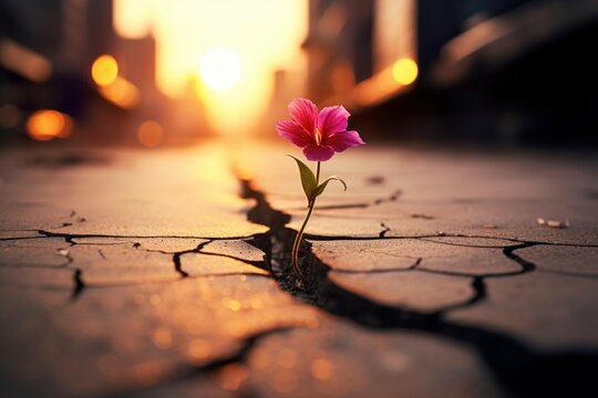 Pink flower blooming through cracked ground, symbolizing resilience and new life