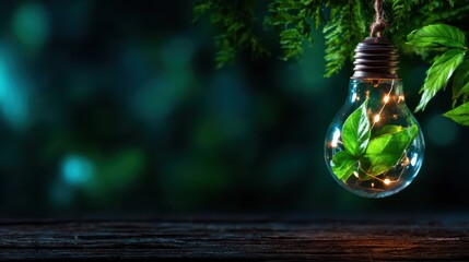 A whimsical light bulb containing a plant, suspended from greenery, symbolizing the fusion of nature and technology, and representing innovation and eco-friendliness.