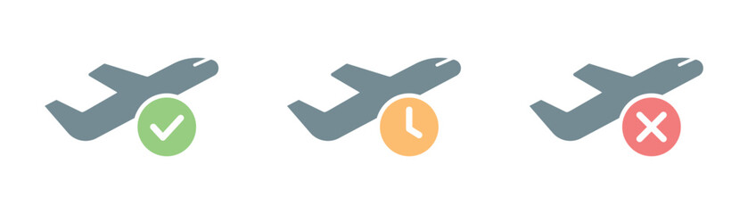 Flight status icon set with on time, delayed, and cancelled sign. Transparent PNG and vector symbol