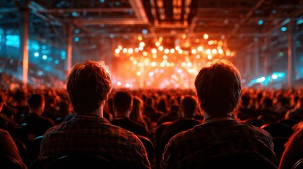 Fototapeta premium A captivating scene featuring an excited audience silhouetted against dynamic stage lights, embodying the vibrant energy and thrill of live music performances at concerts.