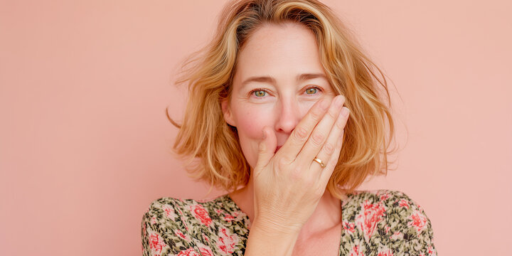 shy embarrassed middle aged woman with blushing cheeks and hand on face on soft peach background portrait