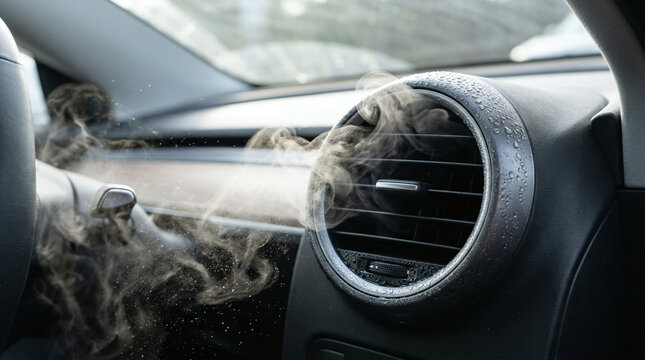 Car air conditioning vent blowing cold mist with water droplets on black dashboard