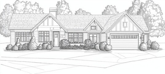 Fototapeta premium Charming Detached House in Line Art Style with Architectural Features and Beautiful Landscaping