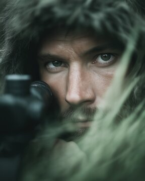 Camouflaged sniper in ghillie suit, man looking through sniper rifle scope, intense eyes, military aesthetic, green foliage