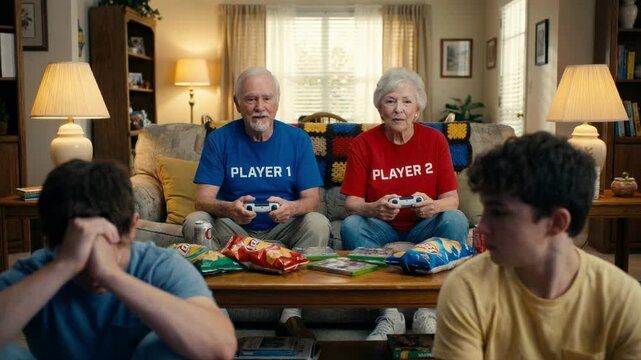 Happy grandparents playing a video game on the couch while bored teenagers sit in the foreground. Elderly couple winning with controllers. Funny family generation gap role reversal