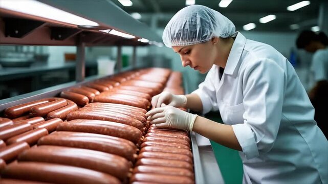 Woman butcher in white uniform sorting raw sausages on conveyor belt. Food production factory worker performing quality control during meat processing at facility.