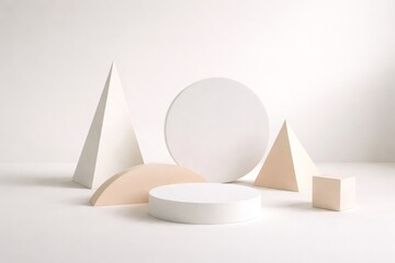 Arranging minimalist architectural forms on a clean white surface, this layout creates an elegant podium environment for abstract concepts or product showcase