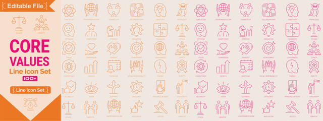 Core values Big line icons. core values, innovation, quality, responsibility, teamwork, reliability, focus, honesty icon. Vector