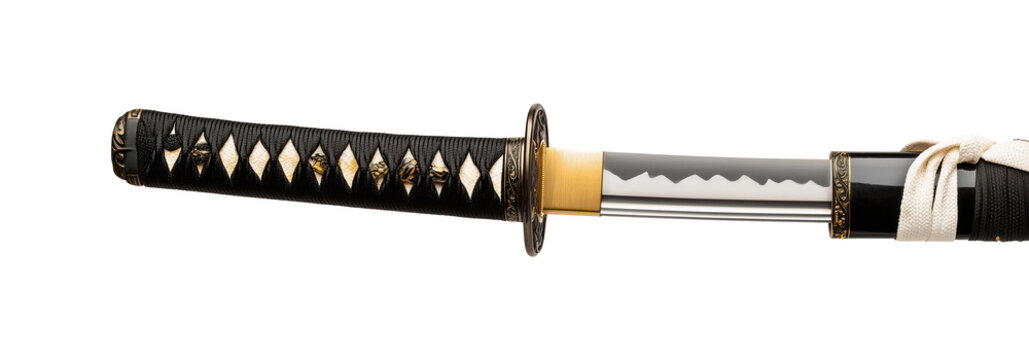 Authentic Japanese katana sword with curved steel blade isolated on white background for martial arts design